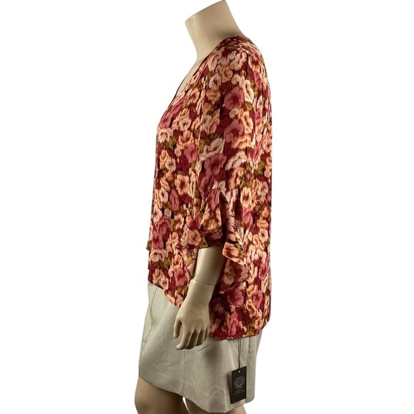 Vince Camuto 2X Rose Clay Floral Blouse Bell Sleeve Chiffon V-Neck Pink Red - Picture 4 of 7